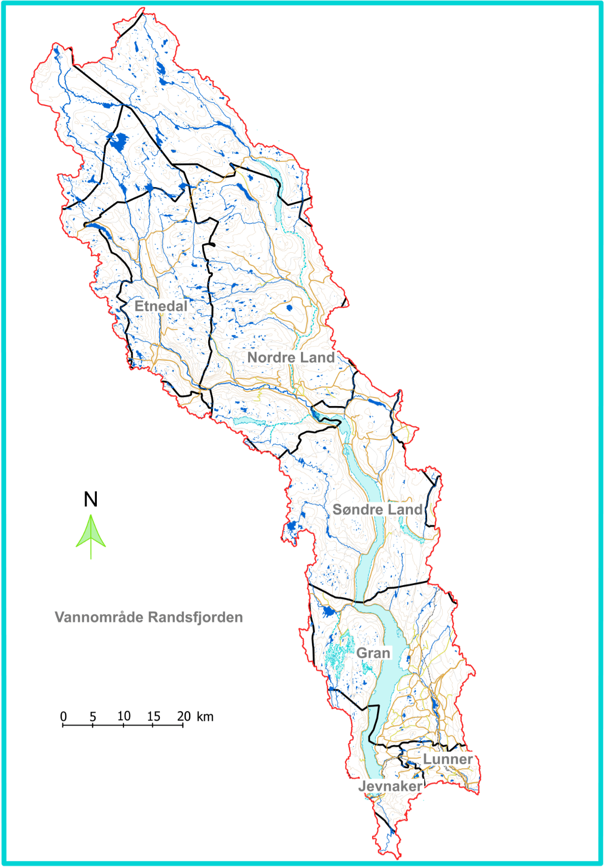 Vannområde Randsfjorden med kommunegrenser